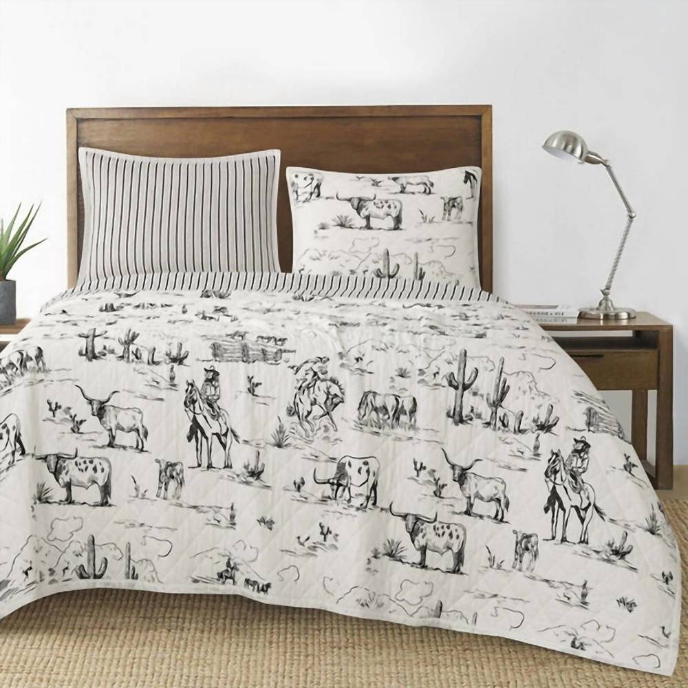 NEW HIEND ACCENTS ranch life western toile reversible quilt set in black white